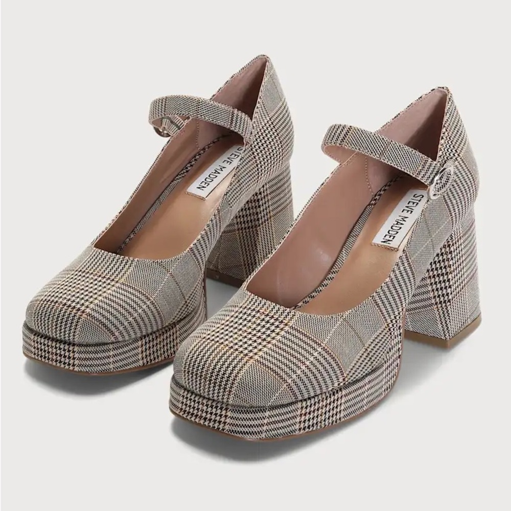 Steve Madden Neutral Plaid Mary Jane Platform Heels